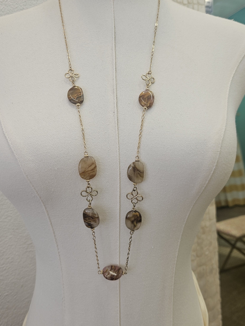 Long Gold Chain Necklace with Brown Marbled Stone Accents